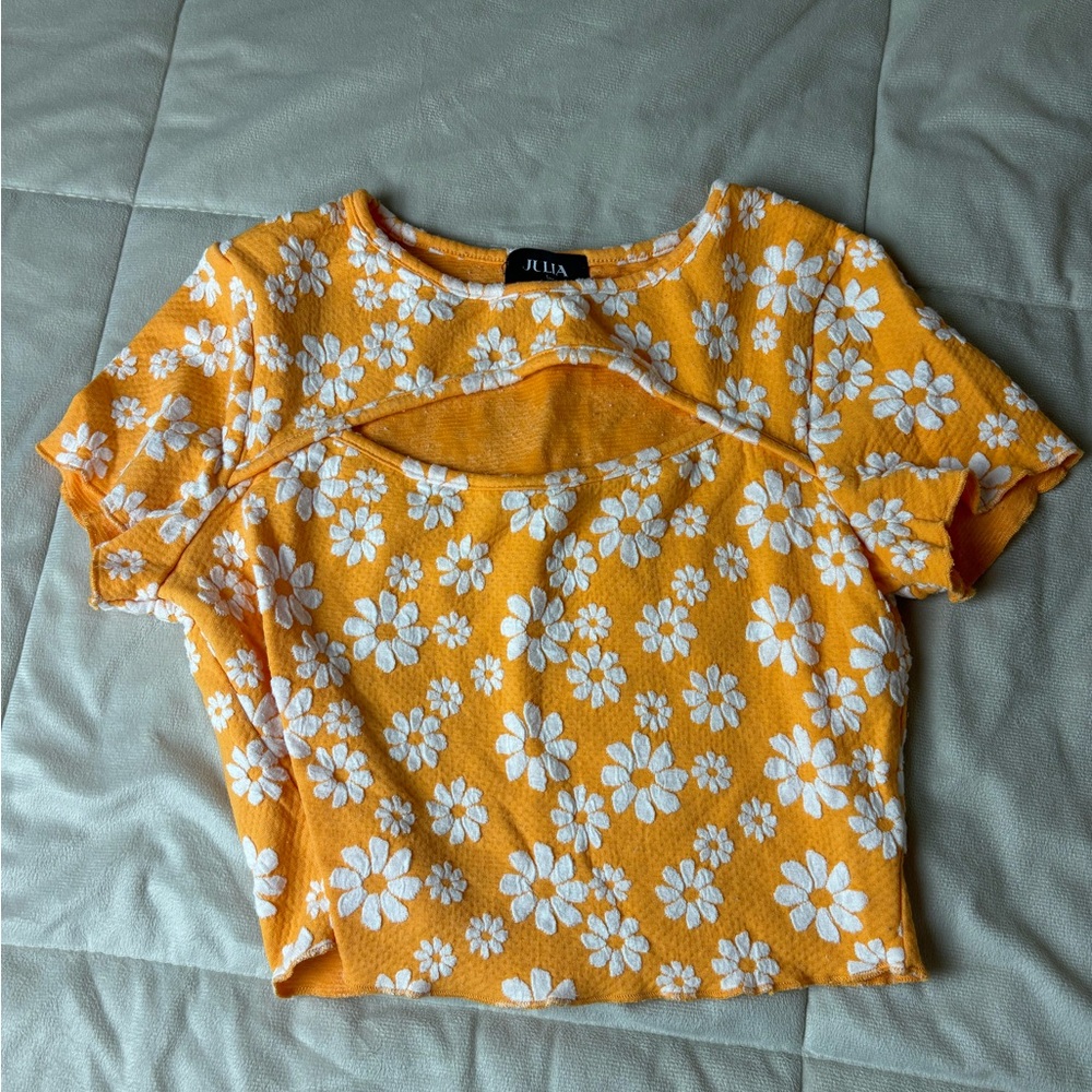 Vibrant Yellow Cut Out Crop Top with Short Sleeves